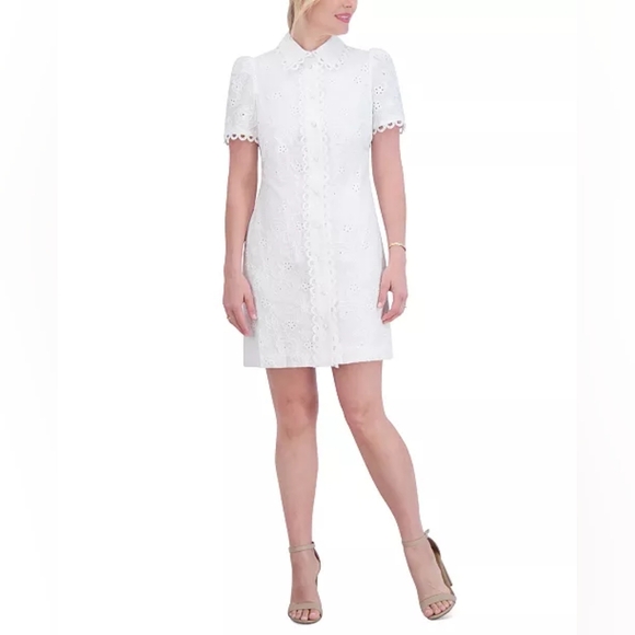 Eliza J. NWOT Women's Eyelet Bead-Embellished Shirtdress White Button Up Size 8 - Picture 1 of 13